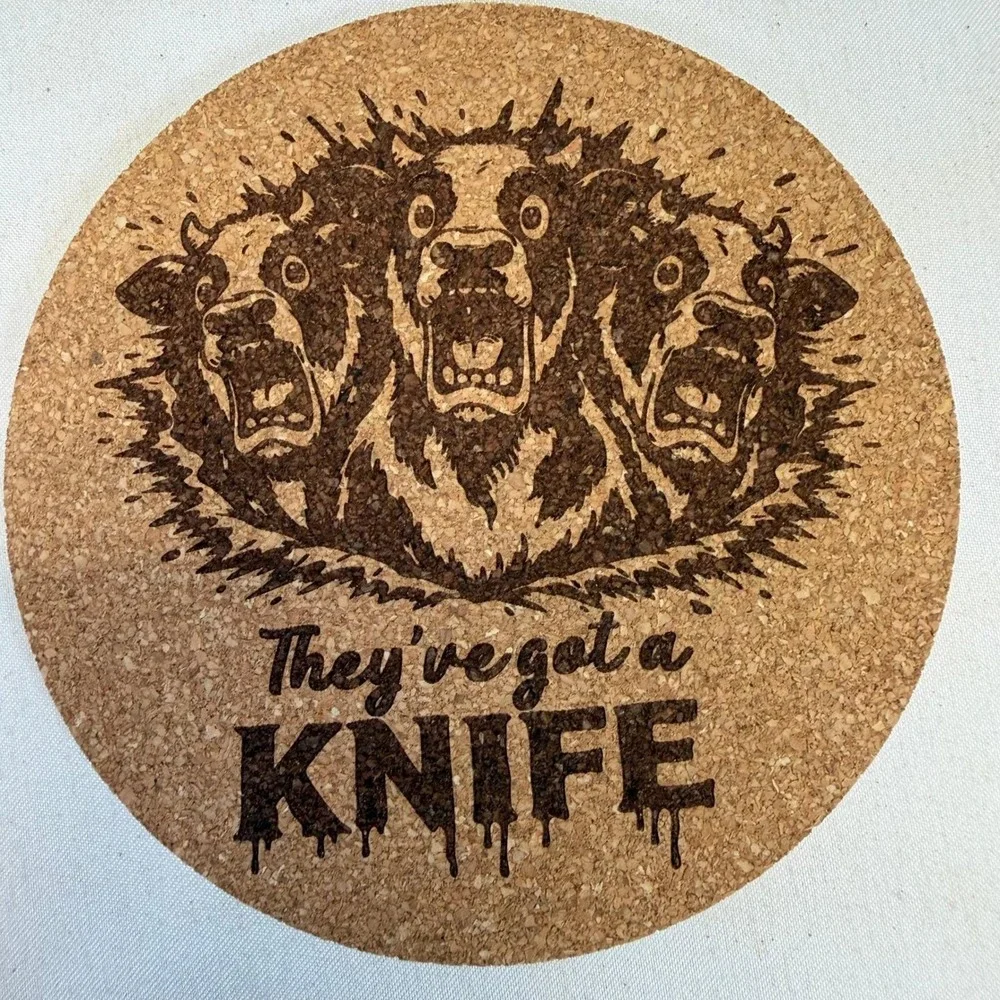 Funny Horror Cork Coaster Set 4 They've Got a Knife Chicken Cow Veggie Pun Bar